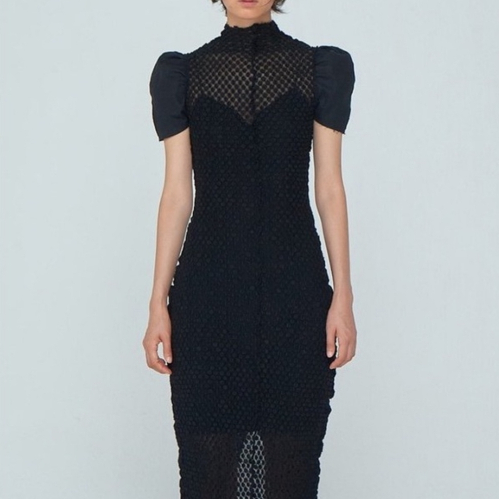 Black Lace-Detail Midi Dress with Puff Sleeves
